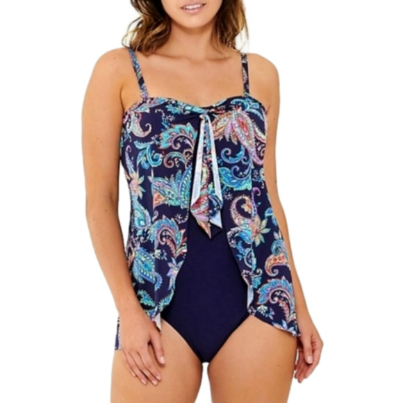 Christina Other - NWT CHRISTINA Medallion Navy Paisley Flyaway Bandeau One Piece Hip Minimize Sz 8